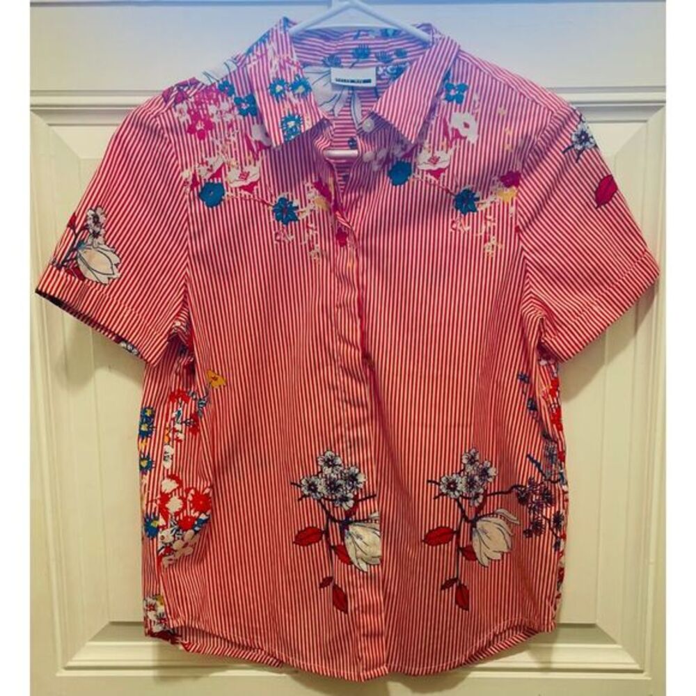 EUC Size S Noisy May Red Striped Floral Button Down Short Sleeve Blouse Summer‎